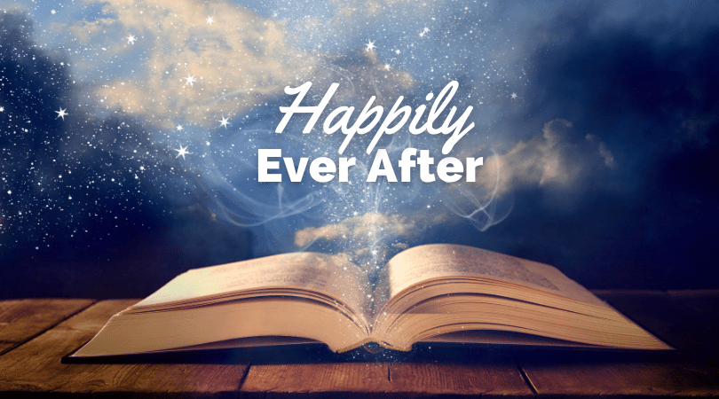 Open bible on a sparkly background with the words happily ever after in bold