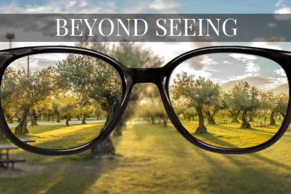 Images of glasses where image of the scenery is only clear through the lenses but the background is blurry.