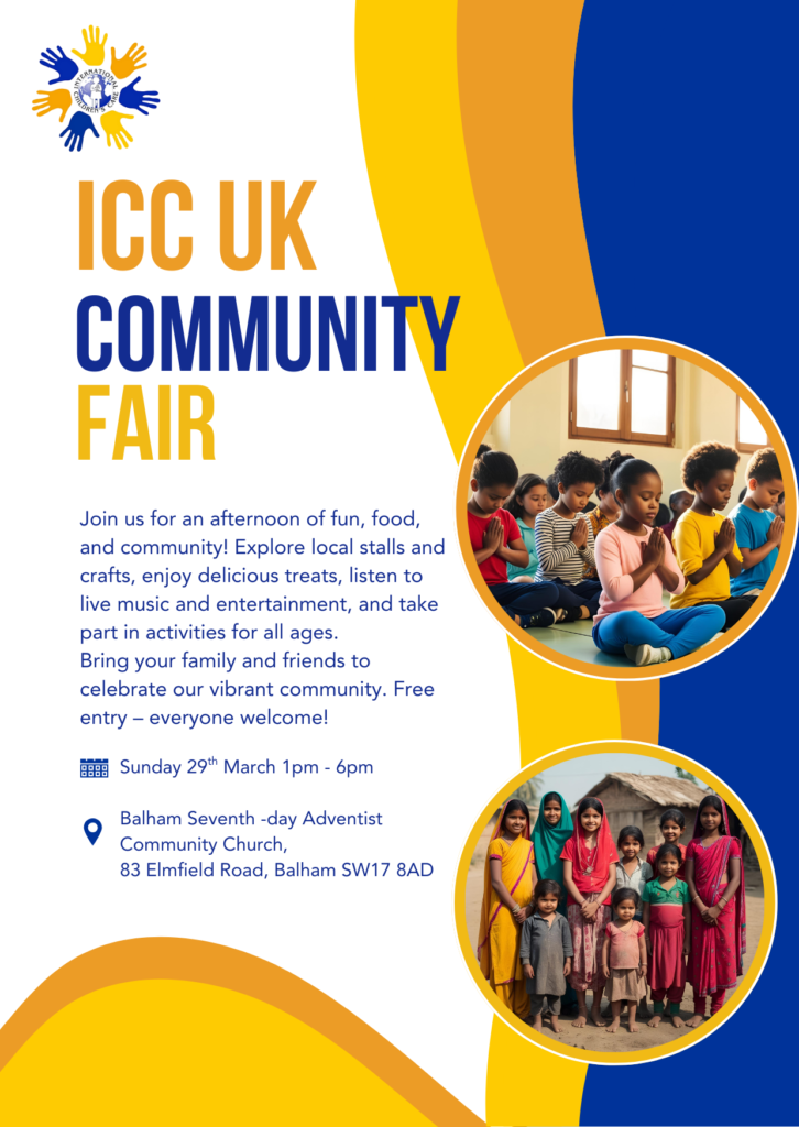 ICC Community Fair March 2026 Poster at 1pm at Balham SDA Church
